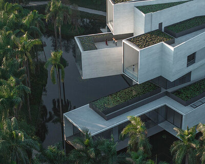 link-arc shapes shunde museum as stack of rotating tubes to frame wetland views