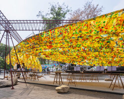 recycled plastic bags and handmade paper form public art pavilion T10A in vietnam