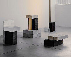 asphalt mediates between metal and stone blocks in so koizumi’s furniture collection