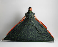 wearable shelter garment transforms into a livable tent with sleeves as backpacks