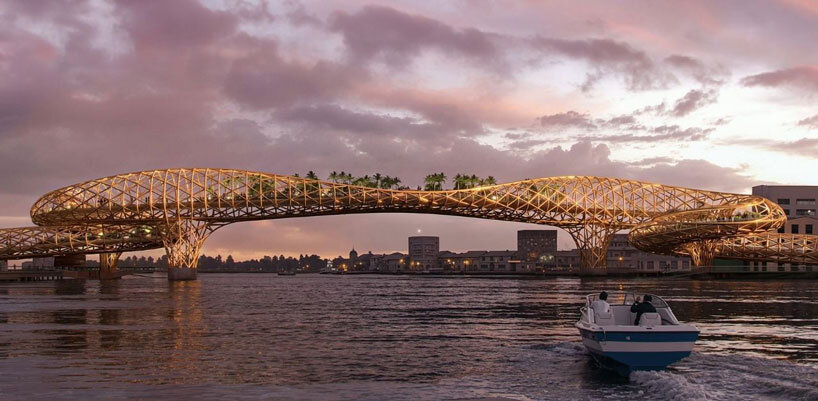 El puente peatonal de celosía serpentina introduce jardines elevados en Bangkok