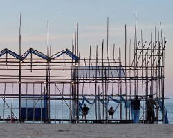 traditional bamboo scaffolding constructs temporary theater along chinese coast
