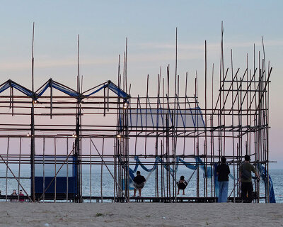 traditional bamboo scaffolding constructs temporary theater along chinese coast