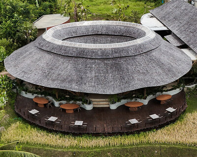 circular bamboo roof collects rainwater at balinese restaurant by pablo luna studio
