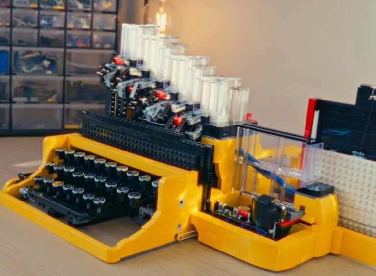 functional LEGO typewriter punches letters onto reusable board
