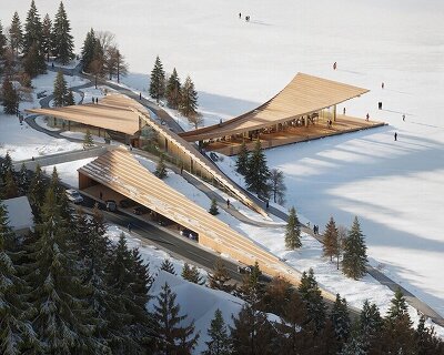 cluster of curved rooftops encloses .ket bureau's lakeside wellness pavilion for st. moritz