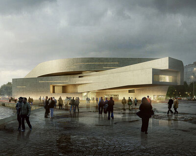 near figure envisions evolving green concrete museum unfolding along helsinki harbor