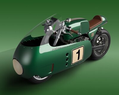 retro café racer with front shell draws design from 1950s british racing motorcycles