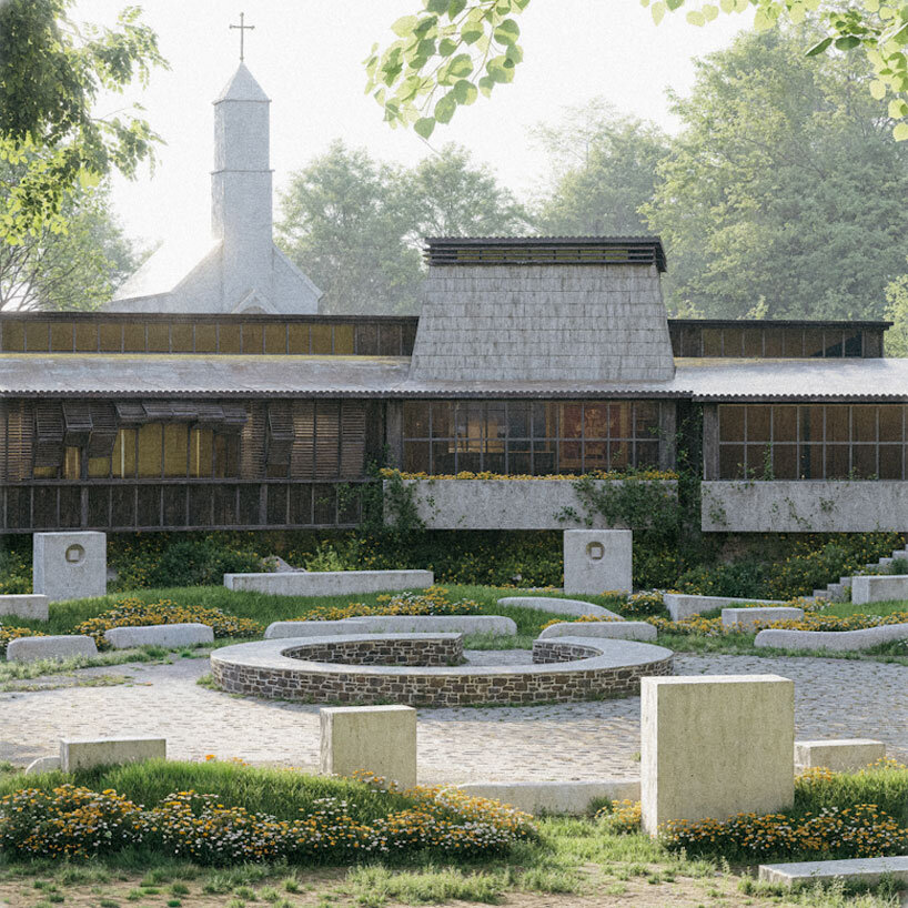 Un anillo de bloques de hormigón da forma a la propuesta del centro cultural balcánico de una ciudad rural estadounidense