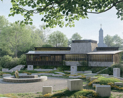 ring of concrete blocks shapes balkan cultural center proposal in rural US town