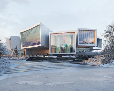 snøhetta plans spiraling galleries with curved glass facades for beijing art museum