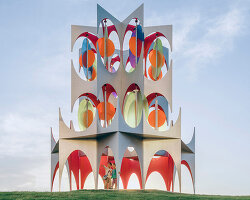 suspended colored discs move through daxing jizi design's faceted installation in beijing