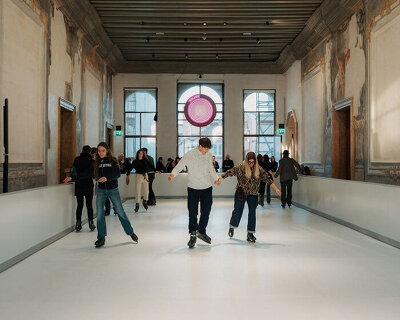 sustainable ice skating rink occupies palazzo diedo's frescoed banquet hall in venice