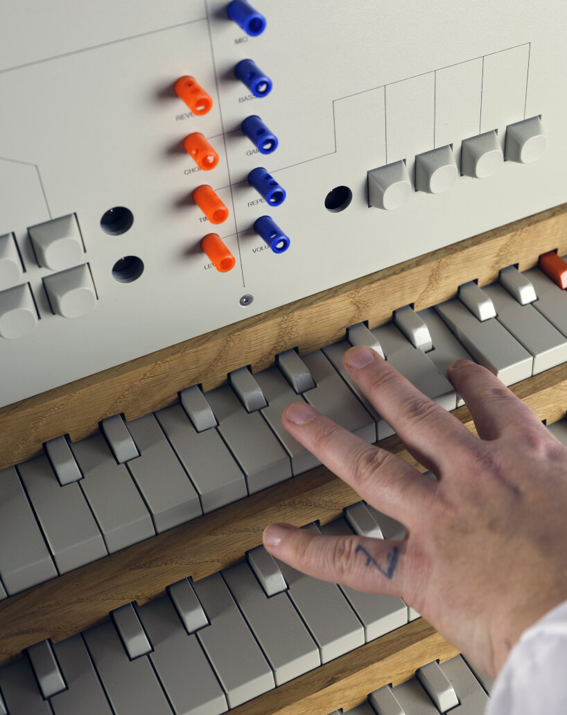 the three stacked keyboards allow users to play notes, sequences, or control parameters
