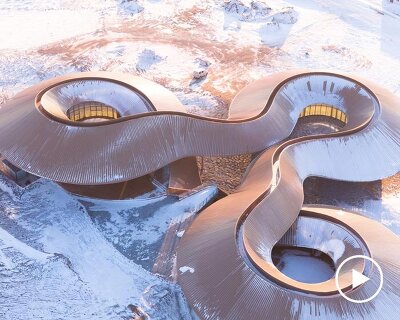 like a steel ribbon, volcano-in visitor center by PLAT ASIA undulates over steppe in china