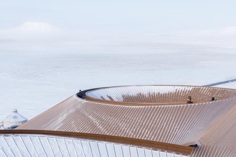 like a steel ribbon, volcano-in visitor center by PLAT ASIA undulates over steppe in china