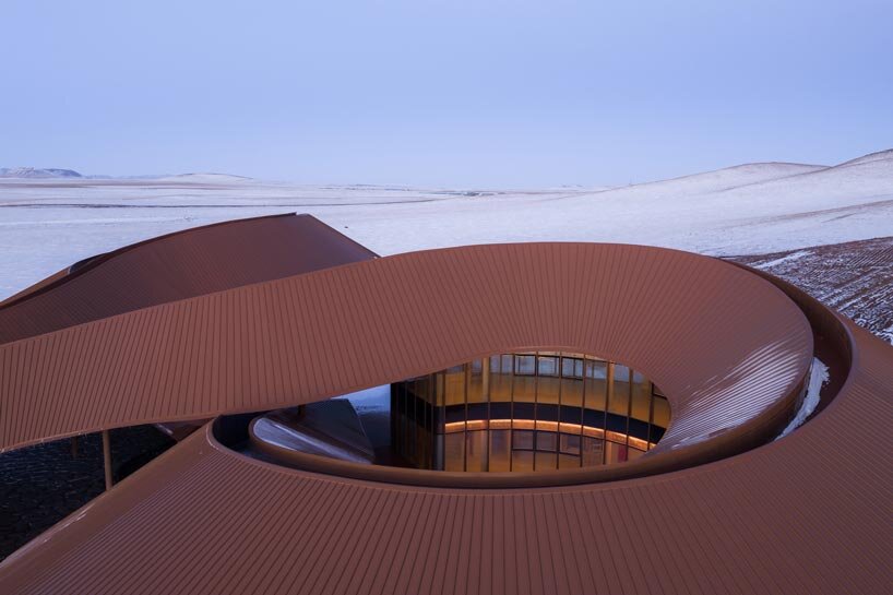 like a steel ribbon, volcano-in visitor center by PLAT ASIA undulates over steppe in china