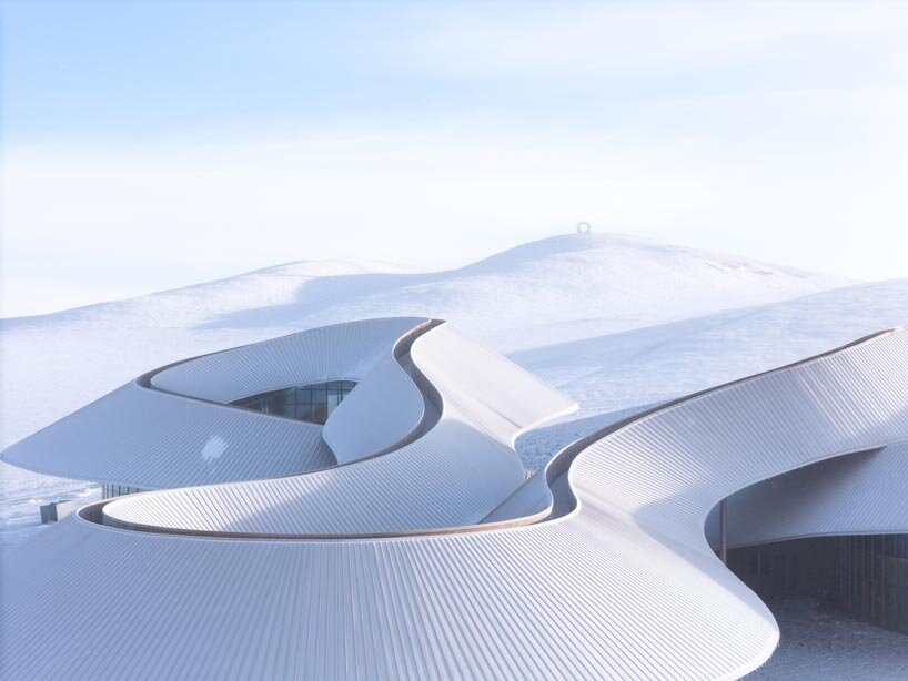 like a steel ribbon, volcano-in visitor center by PLAT ASIA undulates over steppe in china