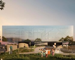 reflective metal facade wraps another side funeral home’s elevated volume in san francisco