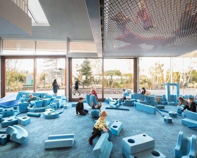 children help redesign rotterdam playground with large playnet and all-blue adventure scape