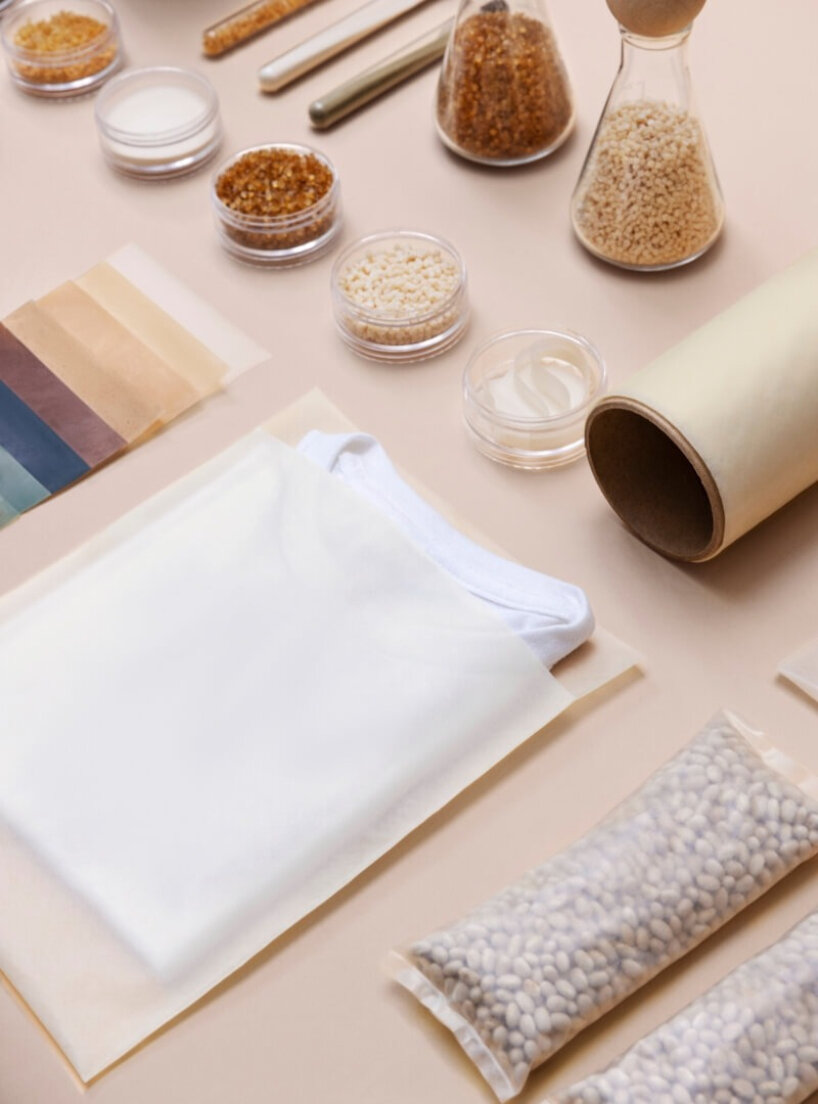 the material is a mix of seaweed, plant-based materials, and compostable polymers