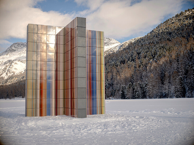 glazed color bands rise as sculptural tower in gerhard richter's alpine installation