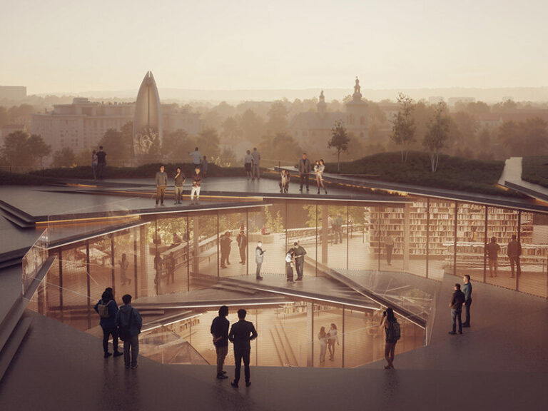 a spiraling timber library by kengo kuma to rise in rzeszów, poland