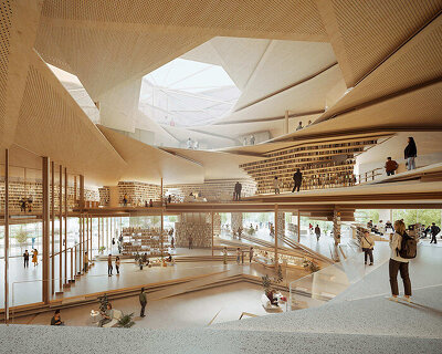 a spiraling timber library by kengo kuma to rise in rzeszów, poland