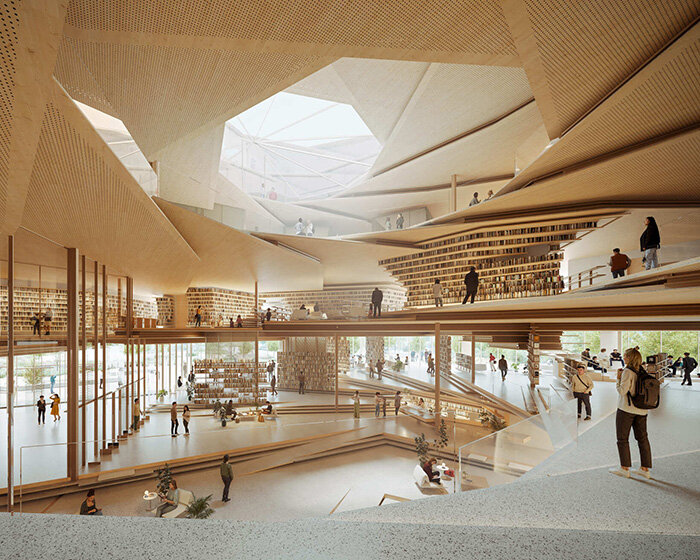 a spiraling timber library by kengo kuma to rise in rzeszów, poland