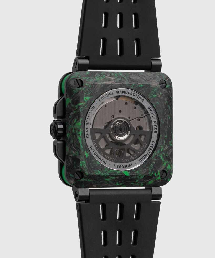 users can see the inner workings of the timepiece design with the see-through caseback
