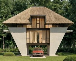 pitched thatched roof tops conical white-bricked sarchina villa