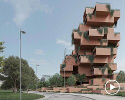 stacked earthen red volumes shape rhythmic residential tower in athens