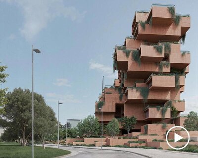 stacked earthen red volumes shape rhythmic residential tower in athens