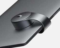 wireless clip-on mouse hooks around laptops and tablets using tail made of folded metal