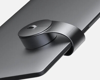 wireless clip-on mouse hooks around laptops and tablets using tail made of folded metal