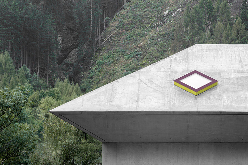 yellow diamond windows pierce angular concrete staff house by bergmeisterwolf in italy