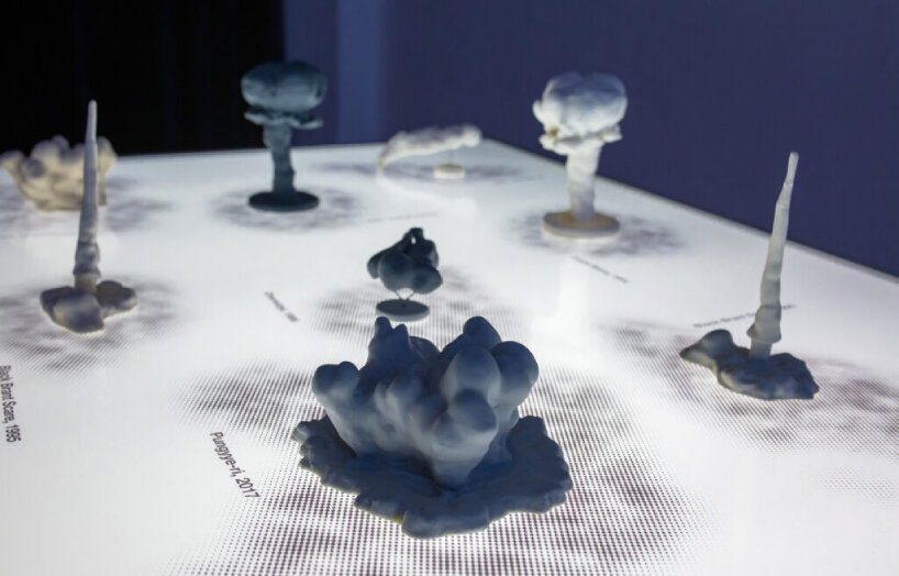 the moment of explosion in 3D simulation, cast in porcelain and fired it in a kiln