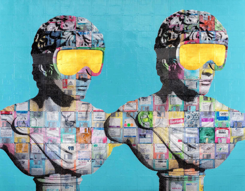 Antiquity v1.1" classical marble bust: oil, enamel, screen print and hand applied 24 karat gold leaf on recycled computer floppy disks. mounted on a custom-built cradled panel