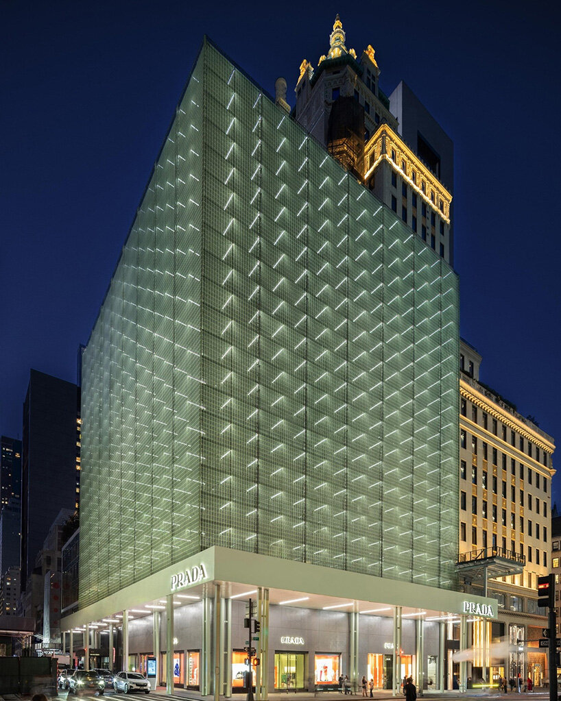 shimmering moiré facade of prada flagship in NYC rethinks the permanence of scaffolding - 7
