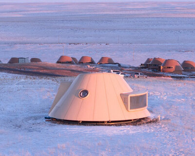 volcano-shaped cabins dot inner mongolia's steppe at PLAT ASIA's hotel of arrivals