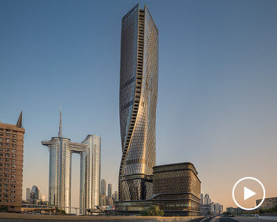 UNS's newly completed wasl tower leans into a twisting contrapposto stance over dubai