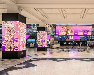 blooming graphics and floral installations take over shinsegae department store for spring