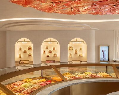 curved wood, rattan, and macaron displays frame a tropical french pâtisserie in singapore