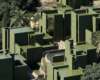 bofill taller de arquitectura drapes terraced green resort across coastal forest in albania