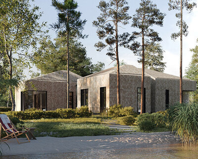 a cluster of gable-roofed homes clad in larch wood shingles unfolds along volga river