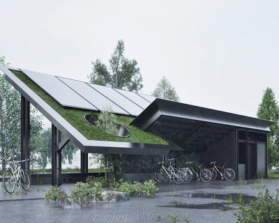 60-degree pavilion reimagines cycling rest stop as a self-sustaining ecological interface