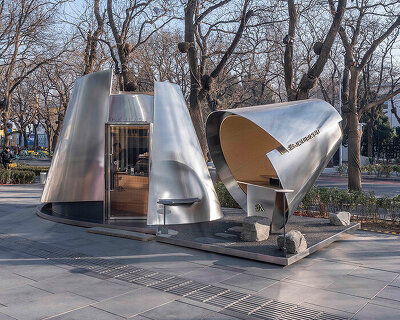 reflective steel volumes reinterpret the pour-over dripper for kurasu’s beijing pop-up pavilion
