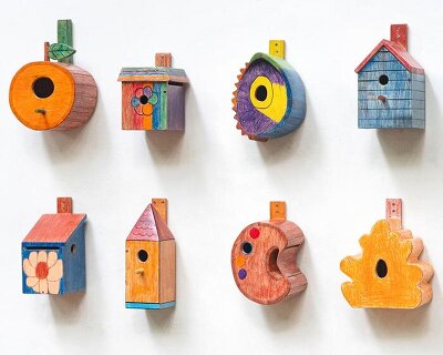 sculptural birdhouses emerge from children’s intuitive drawings and imagination