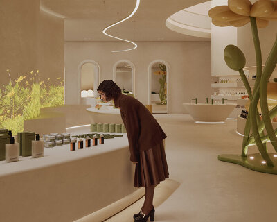 a biophilic retail interior shaped by organic textures, fluid transitions and soft light