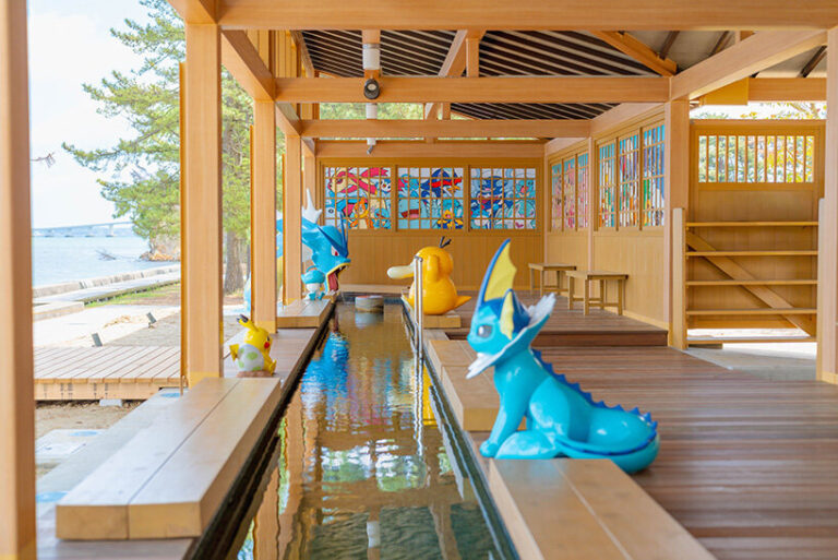 pokémon characters splash into renovated footbath in japan